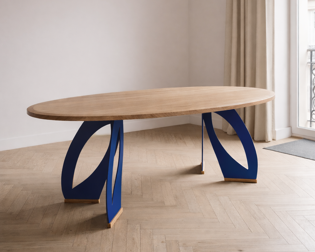 table bureau en bois ovale chene massif piètement acier variation cobalt