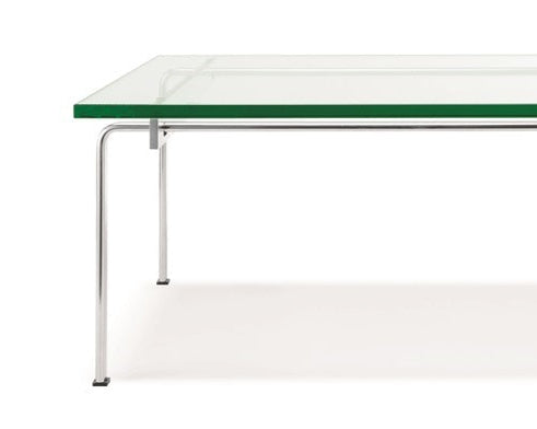 Table basse FK 91  de Fabricius & Kastholm, en acier chromé et verre transparent.