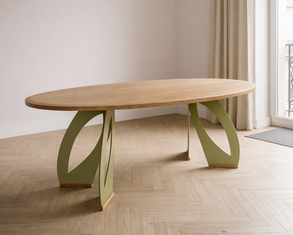table bureau en bois ovale chene massif piètement acier variation vert olive