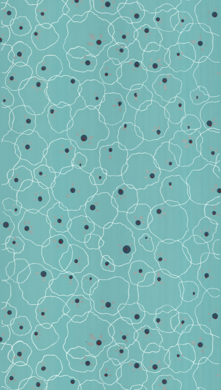 Papier peint imprimé à la planche par l’Atelier d’Offard, création artisanale présentée par Longitude à Marseille motif grandes cellules en bleu