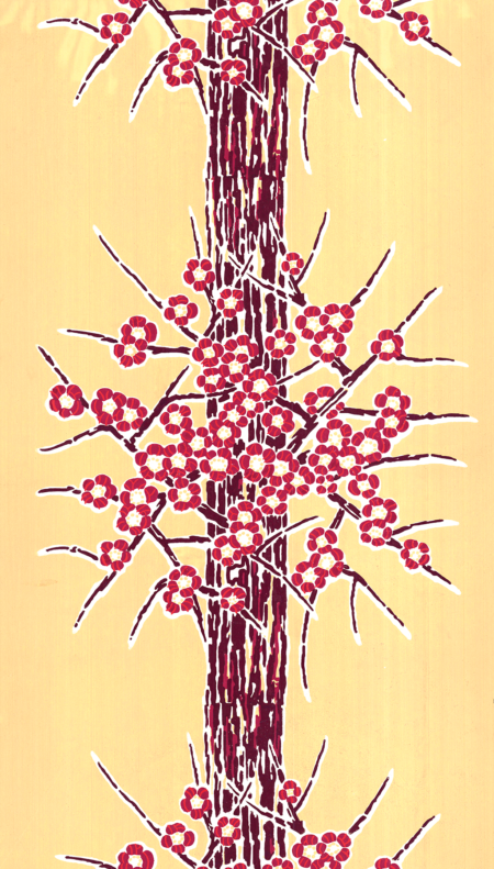 Papier peint imprimé à la planche par l’Atelier d’Offard, création artisanale présentée par Longitude à Marseille motif rayures lalique fond jaune art deco