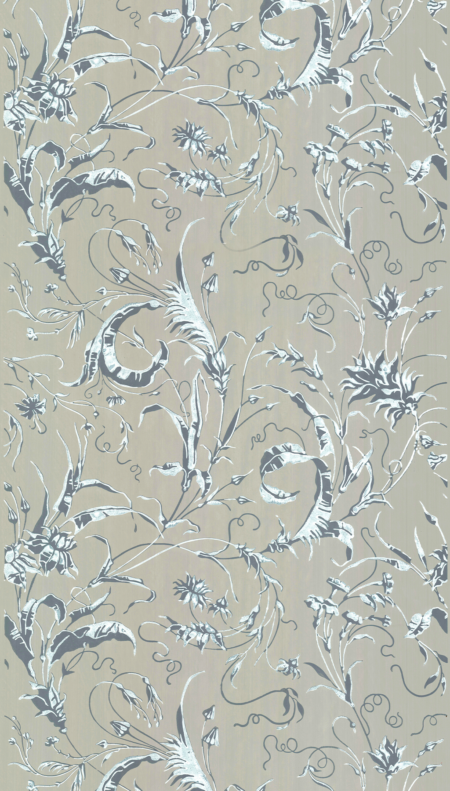 Papier peint imprimé à la planche par l’Atelier d’Offard, création artisanale présentée par Longitude à Marseille motif rinceaux champetres  en gris et bleu